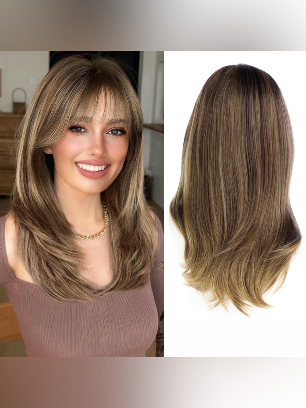 Long Layered Straight Brown Wig Blonde Highlights with Curtain Bangs